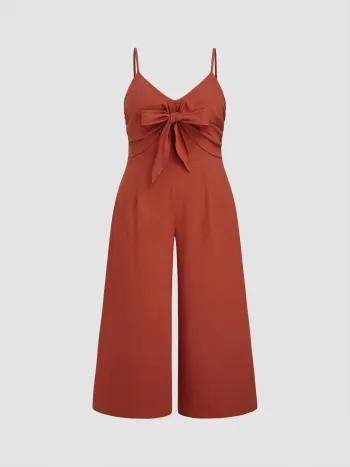 100% Baumwolle Schleifenknopf Shirred Wide Leg Overalls Kurve & Plus