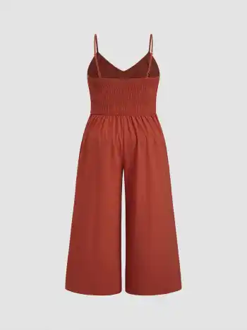 100% Baumwolle Schleifenknopf Shirred Wide Leg Overalls Kurve & Plus