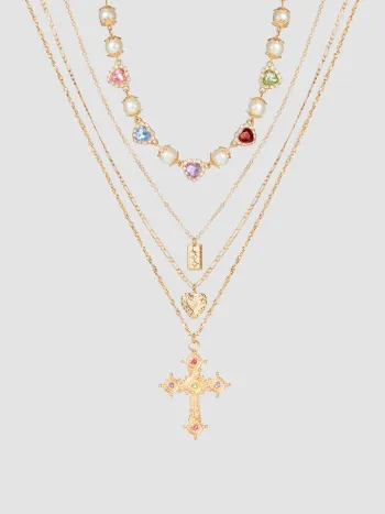 4PCS RHINESTONE DECOR CROSS & HEART & SQUARE PENDANT & HEART RHINESTONE & FAUX PEARL NECKLACE SET