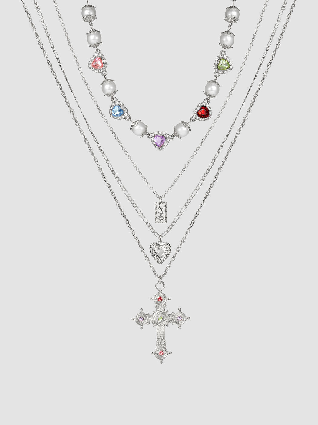 4PCS RHINESTONE DECOR CROSS & HEART & SQUARE PENDANT & HEART RHINESTONE & FAUX PEARL NECKLACE SET