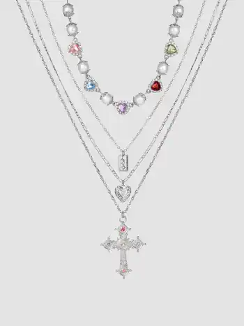 4er-Set von Halsketten mit Rheinsteindekor, Kreuz-, Herz- und Quadrat-Pendants, Rheinsteinen und Faux-Perlen