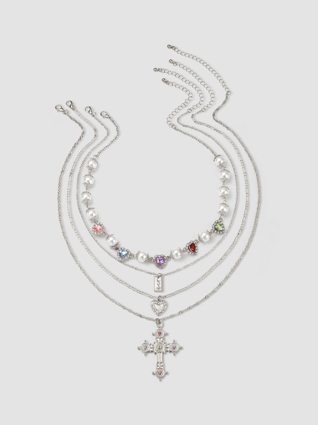 4PCS RHINESTONE DECOR CROSS & HEART & SQUARE PENDANT & HEART RHINESTONE & FAUX PEARL NECKLACE SET
