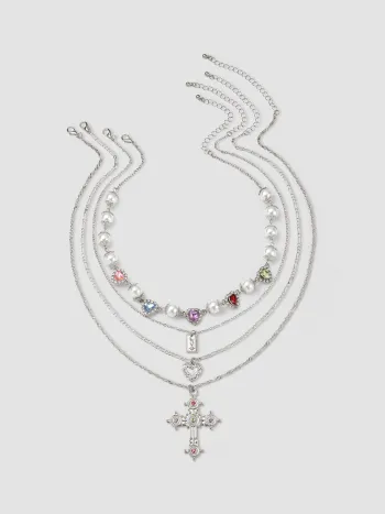 4er-Set von Halsketten mit Rheinsteindekor, Kreuz-, Herz- und Quadrat-Pendants, Rheinsteinen und Faux-Perlen