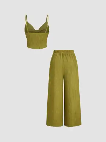 V-neck Twist Cami Top & Mid Rise Drawstring Straight Leg Trousers Set