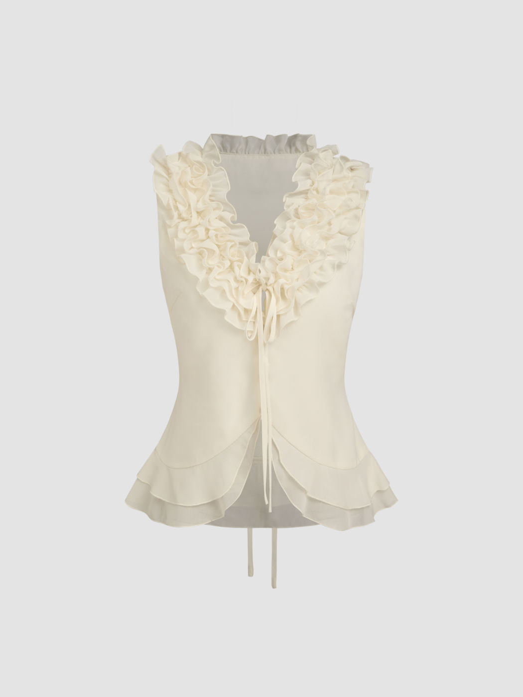 Chiffon V-neck Lettuce Trim Tie Front Knotted Blouse