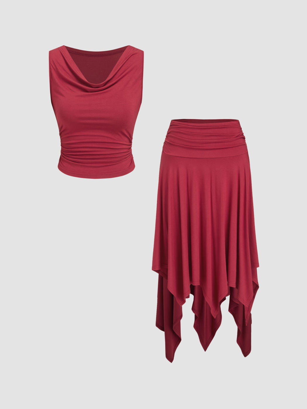 Set Top Canotta con Scollo a Cascata e Gonna a Volant Asimmetrica a Vita Media con Arricciature