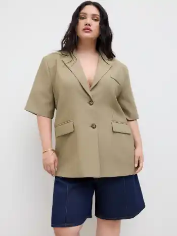 Blazer oversize midi con colletto in misto lino Curve & Plus