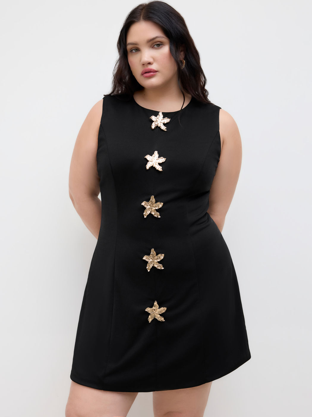 Round Neckline Flower Metal Detail Mini Dress Curve & Plus