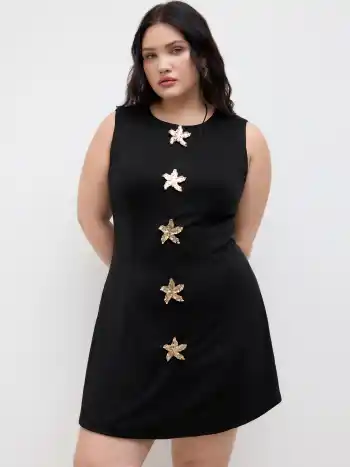 Mini-Kleid mit runder Halslinie und Blumen-Metall-Details Kurve & Plus