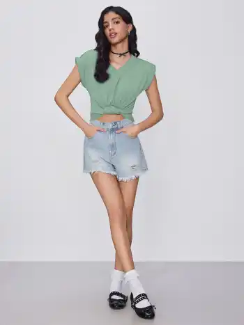 V-neck Solid Ruched Crop Top