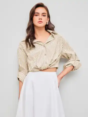 Cotton-blend Collar Striped Knotted Roll-up Long Sleeve Shirt