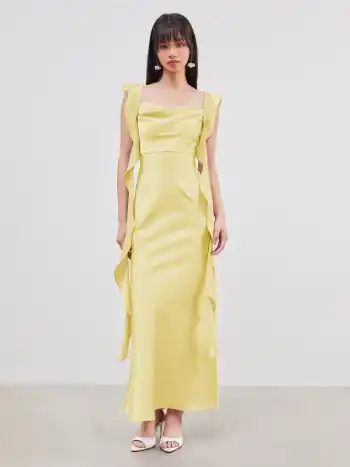 Satin Maxikleid mit Rundhalsausschnitt und Rüschensaum