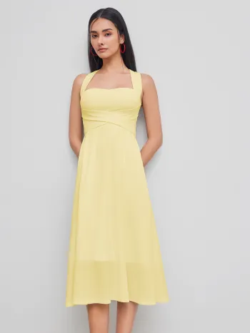 Square Neck Solid Criss Cross Ruffle Midi Dress
