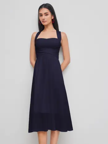 Square Neck Solid Criss Cross Ruffle Midi Dress