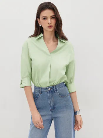100% Cotton Collar Roll-up Sleeve Shirt Bodysuit