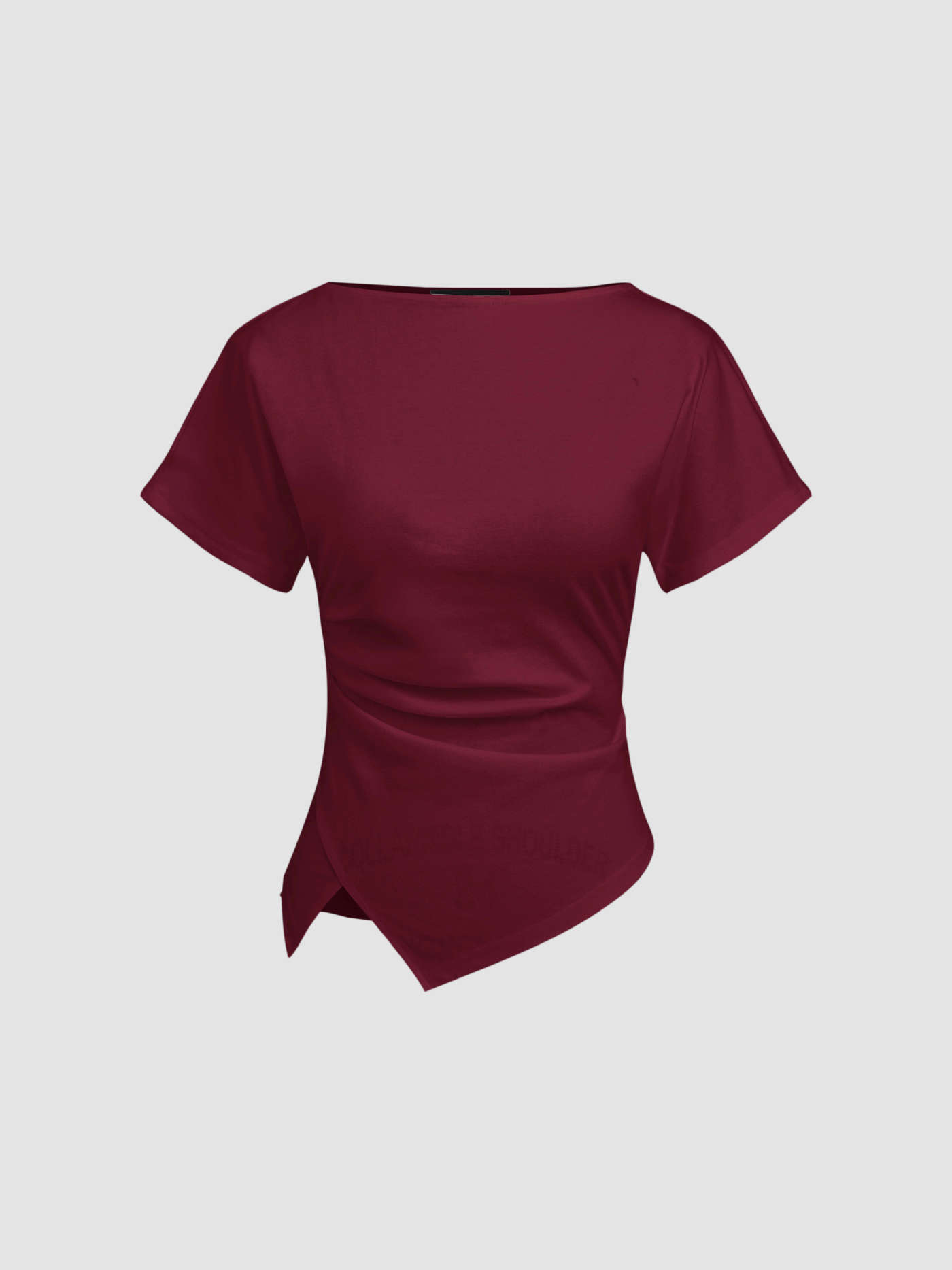 Knit Fabric Cotton-blend Boat Neck Ruched Asymmetrical Hem Tee For Daily Casual