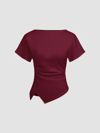 Baumwollmischung Bootshals geriffeltes T-Shirt mit asymmetrischem Saum