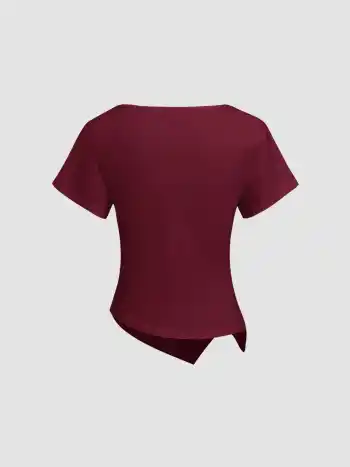 Baumwollmischung Bootshals geriffeltes T-Shirt mit asymmetrischem Saum
