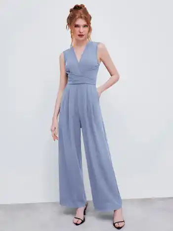 V-Ausschnitt Wrap Reißverschluss Breitbeiniger Overalls