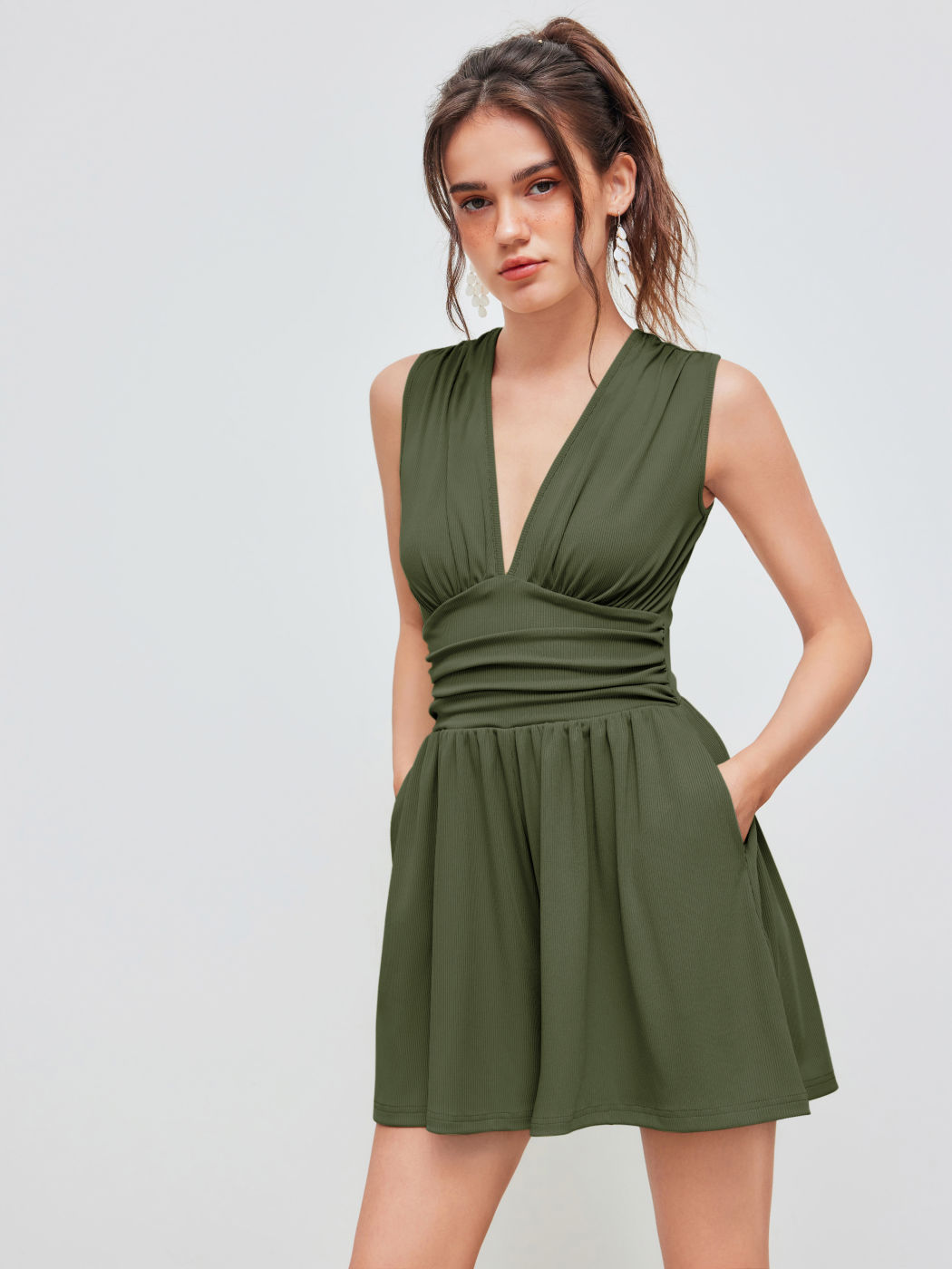 V-neck Solid Ruched Pocket Romper