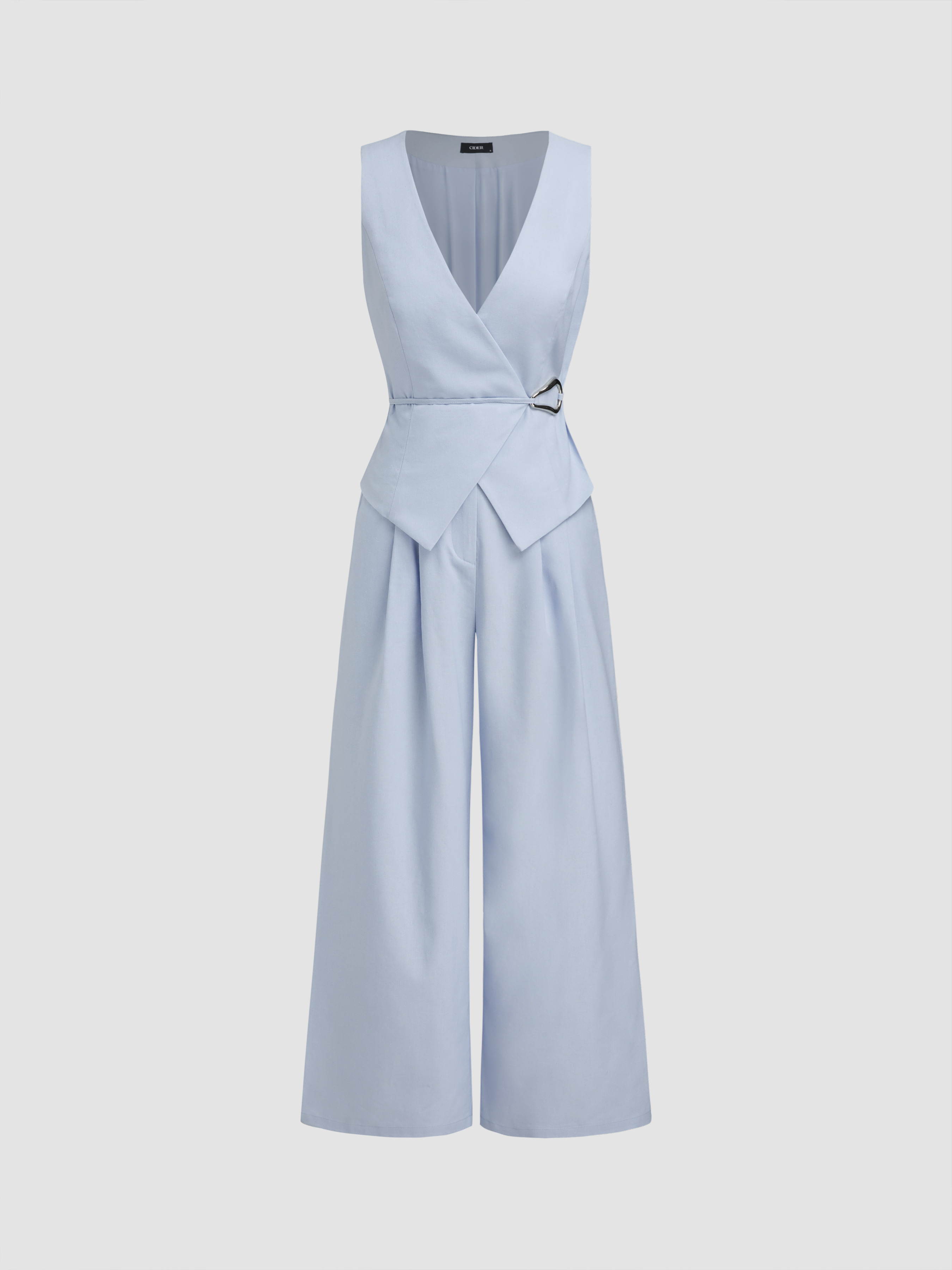 Woven V-neck Solid Wrap Vest Jumpsuit For Work