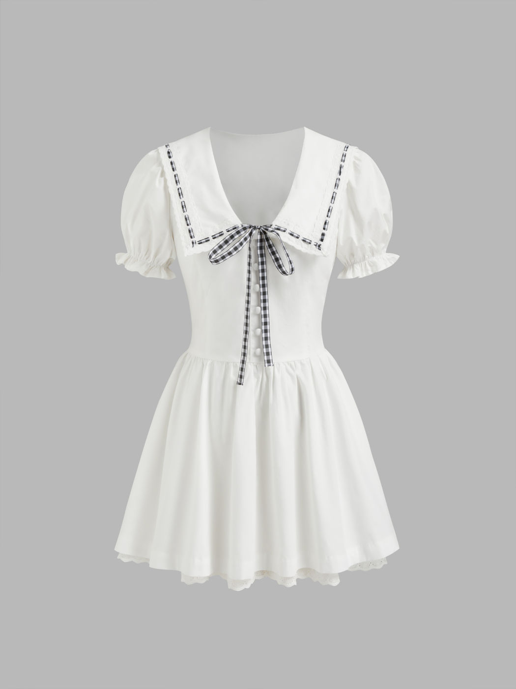 Cotton Peter Pan Collar Puff Sleeve Knotted Contrasting Binding Mini Dress