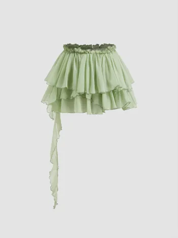 Chiffon Mini-Skort mit tiefem Bund und geschichteten Spitzenrand