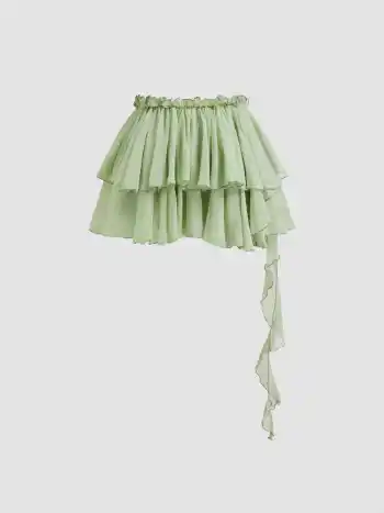 Chiffon Mini-Skort mit tiefem Bund und geschichteten Spitzenrand