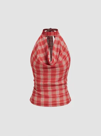 Chiffon-Top mit Rundhalsausschnitt, Tartan-Muster, Knoten und Rüschen