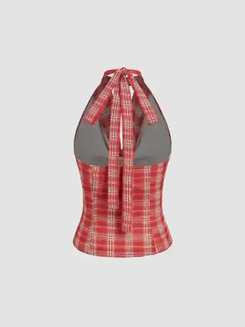 Chiffon-Top mit Rundhalsausschnitt, Tartan-Muster, Knoten und Rüschen