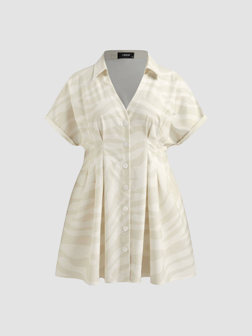 Linen-blend Collar Zebra Stripe Button Through Cinched Waist Mini Dress Curve & Plus