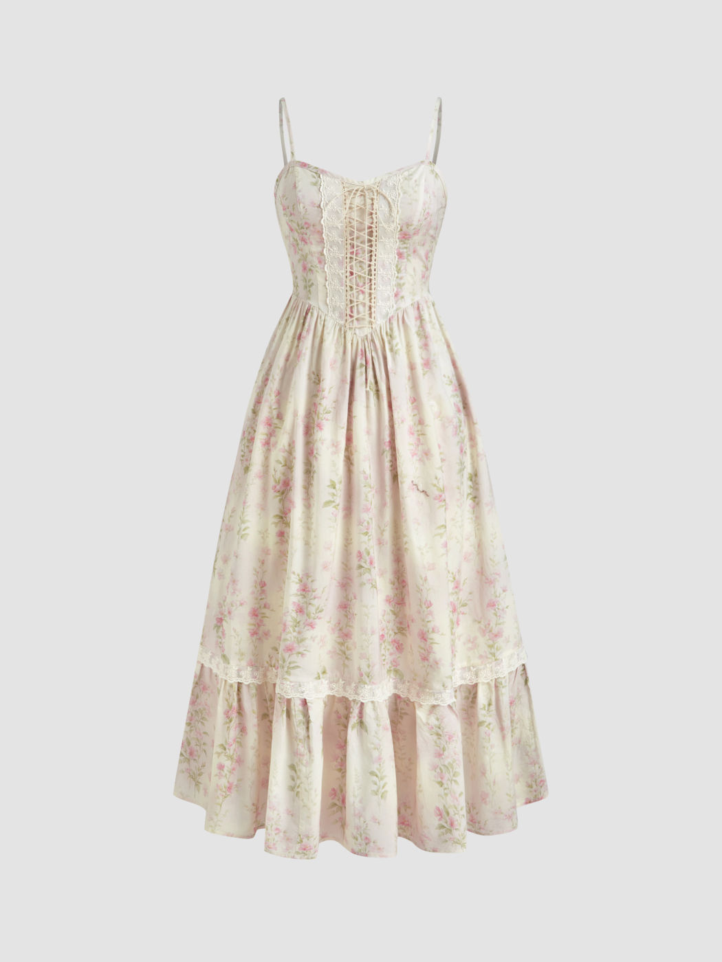 100% Cotton Sweetheart Neckline Floral Lace Trim Ruffle Shirred Maxi Dress