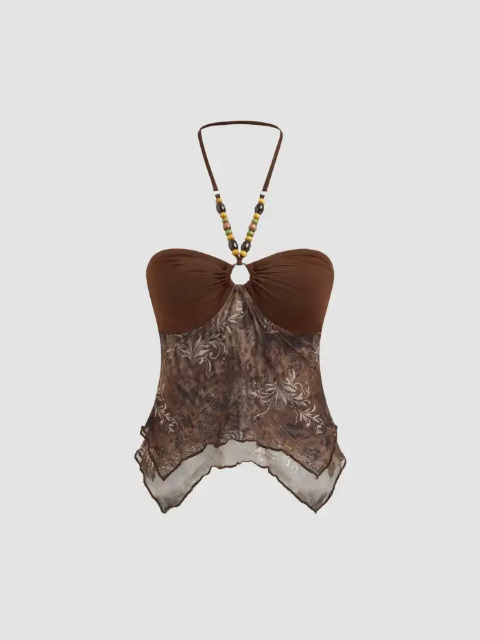 Plaid Cowl Neck Lace Trim Cami Top