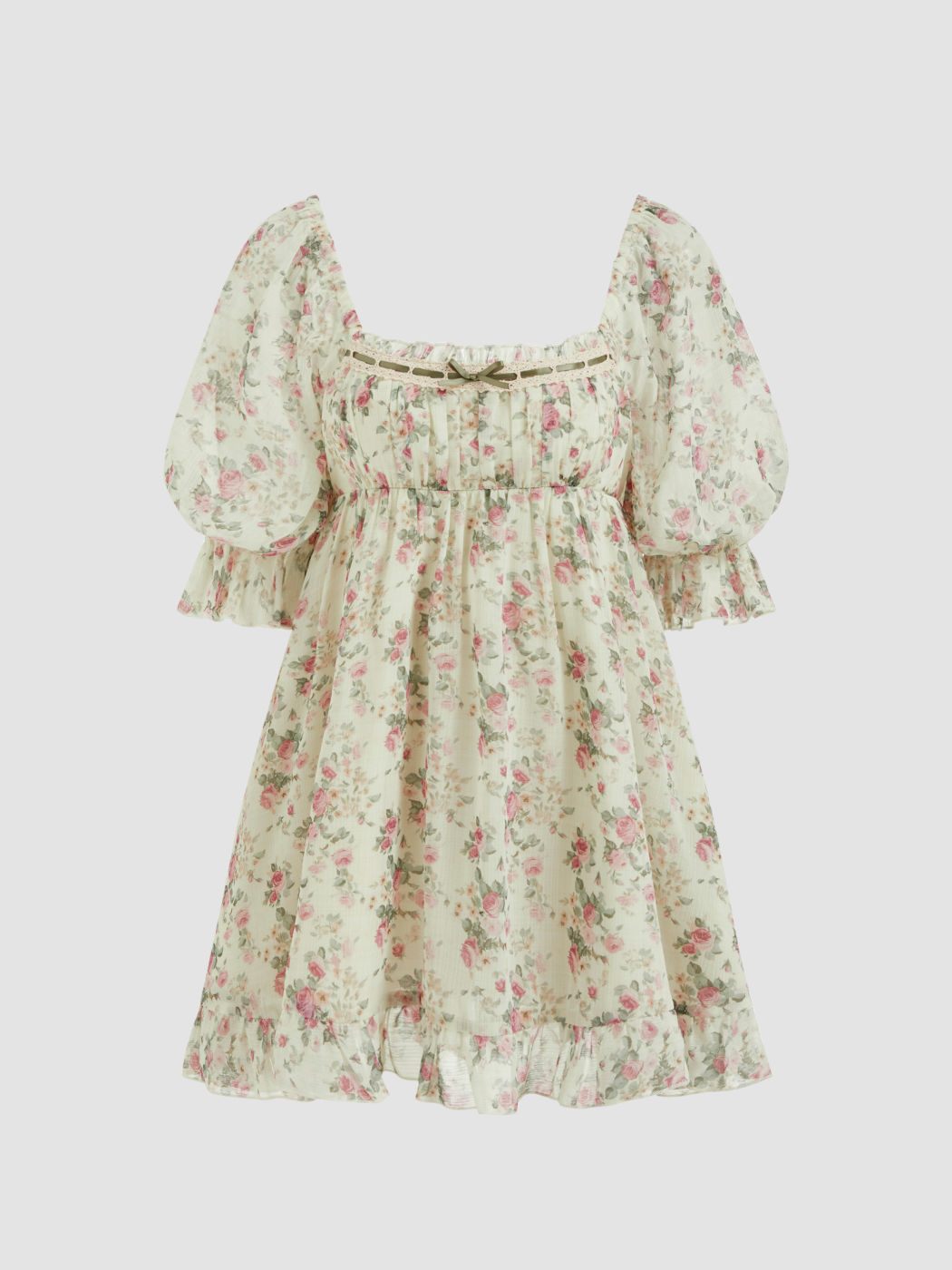 Chiffon Square Neck Floral Bowknot Puff Sleeve Mini Dress