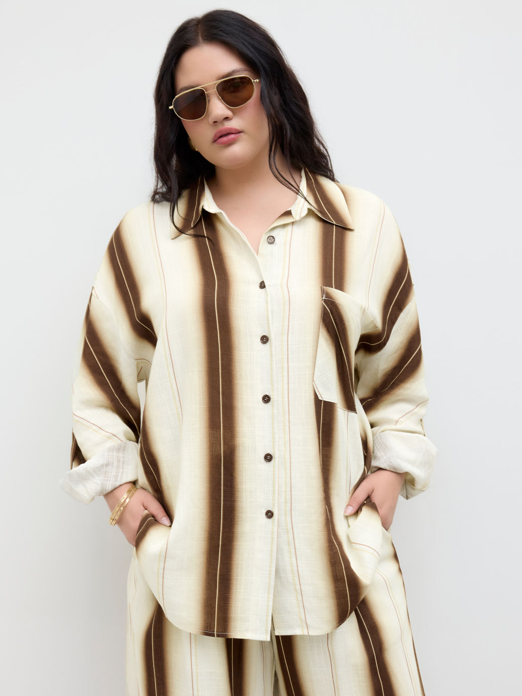 Linen-blend Collar Stripe Shirt Curve & Plus
