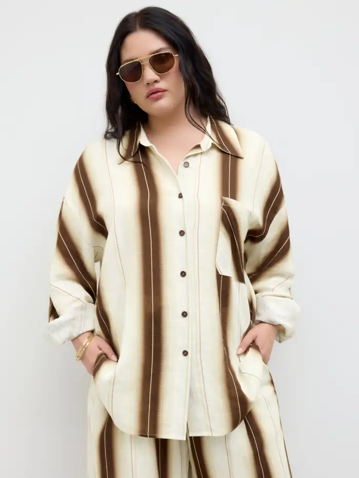 Linen-blend Collar Stripe Shirt Curve & Plus
