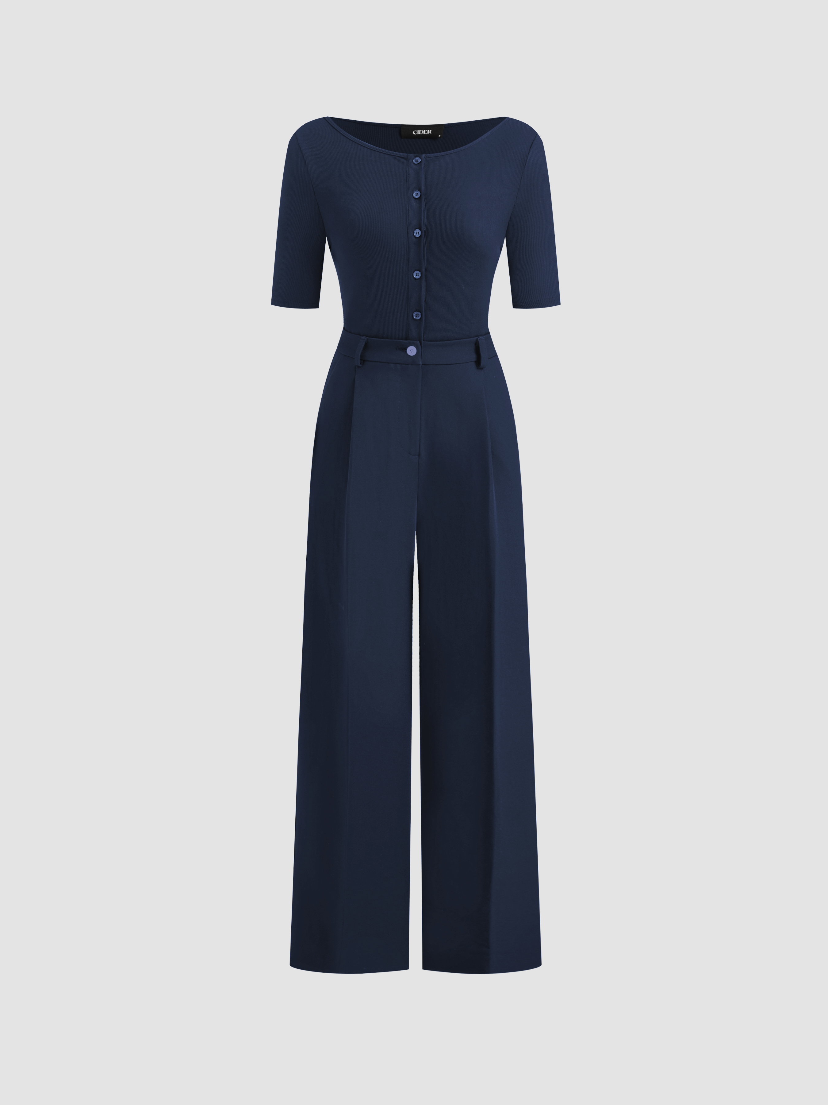 Knit Fabric Solid V-neck Wide Leg Jumpsuit For Daily Casual