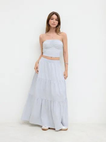 Cotton-blend Stripe Ruched Shirred Bandeau Top & Mid Rise Tiered Skirt Set