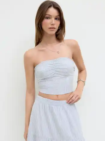 Cotton-blend Stripe Ruched Shirred Bandeau Top & Mid Rise Tiered Skirt Set