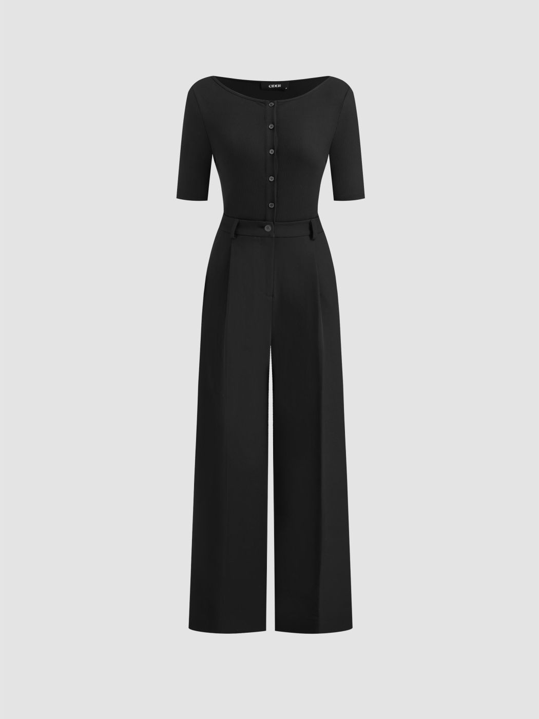 Boat Neck Button Mid-length Sleeve Jumpsuit