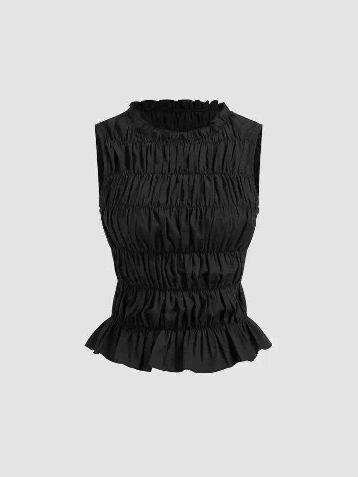 High Neck Plaid Texture Lettuce Trim Tank Top