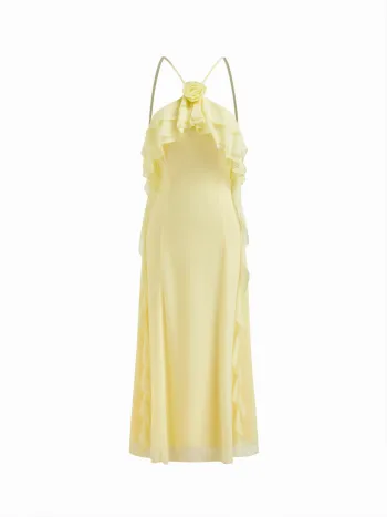 Chiffon V-Hals Rosetten-Raffel Saum Kreuzverschluss Camisole Maxikleid