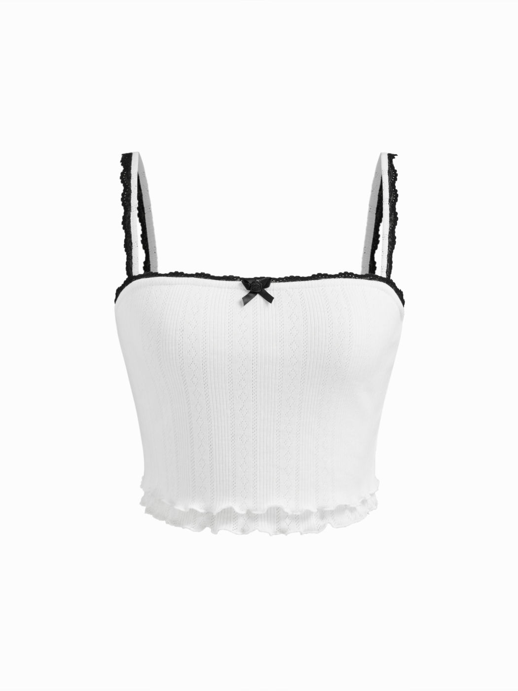 Pointelle Contrasting Binding Lettuce Trim Cami Top & Low Rise Bowknot Shorts Loungewear Set