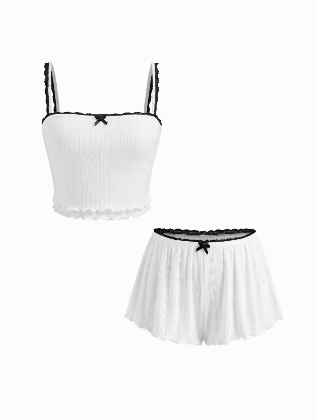 Pointelle Contrasting Binding Lettuce Trim Cami Top & Low Rise Bowknot Shorts Loungewear Set