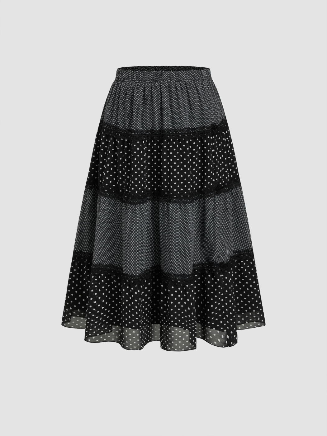 Chiffon Maxi-Skirt mit Spitzenrand und Polkadots, Mittelbund