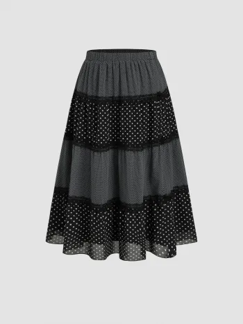 Chiffon Maxiröcke mit Spitzenrand und Polkadots, Mittelhöhe