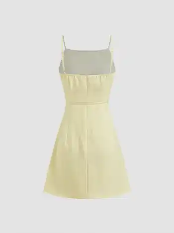 Leinen-Mischung Quadratischer Hals Knopfverschluss Mini-Kleid