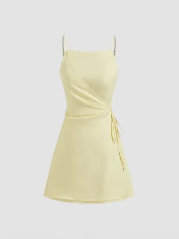 Leinen-Mischung Quadratischer Hals Knopfverschluss Mini-Kleid