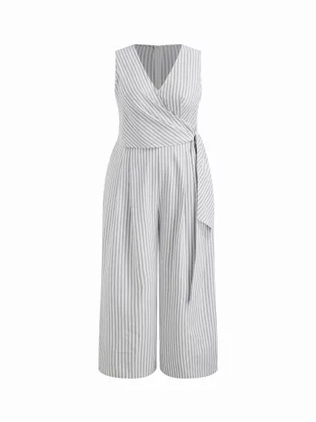 Baumwollmischung V-Hals Streifen Knoten Breitbein Overalls Kurve & Plus