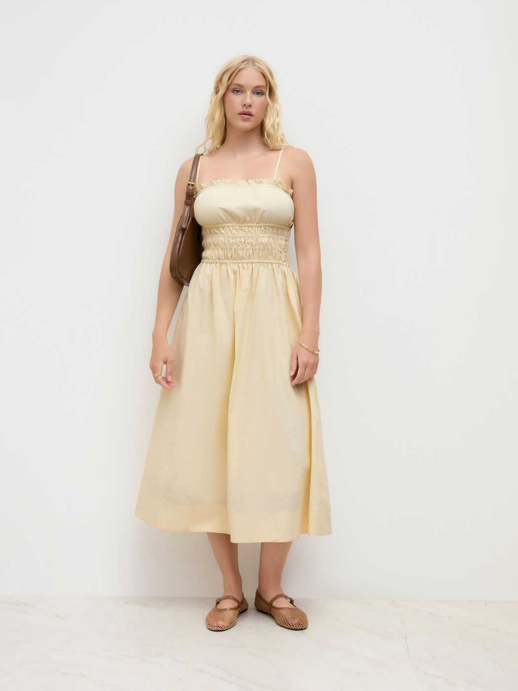 Linen-blend Shirred Lettuce Trim Ruffle Maxi Dress